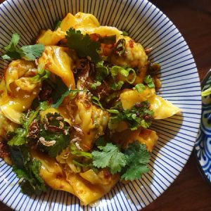 Pork and mushroom wontons in soy and chilli oil